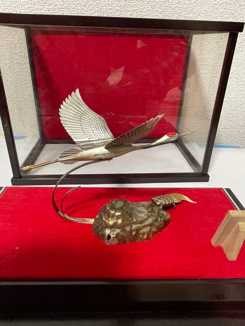 純銀　武比古作　鶴と亀　置物　ガラスケース付