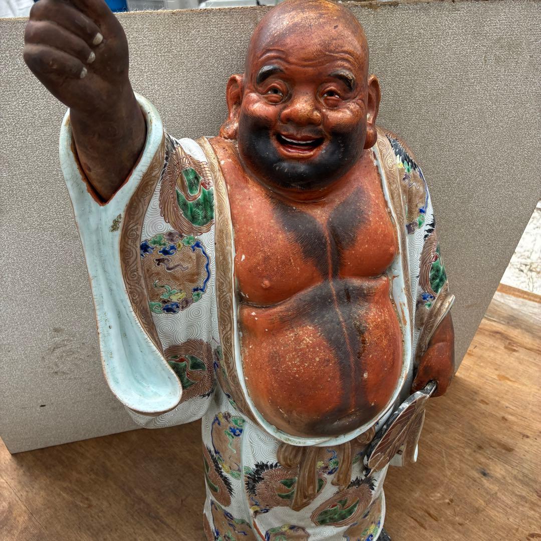 時代物布袋様、九谷焼、昭和レトロ色絵置物　美術品骨董品　縁起物、古美術品60cm