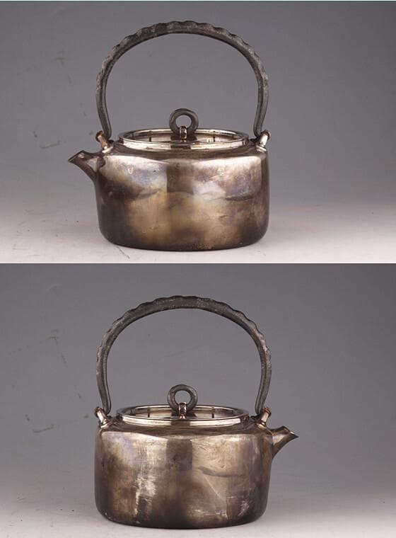 ◆北村靜香 造 銀瓶 純銀 南鐐平安形瓶 鉄の釣手◆検）真鍋静良 光玉堂 鉄瓶