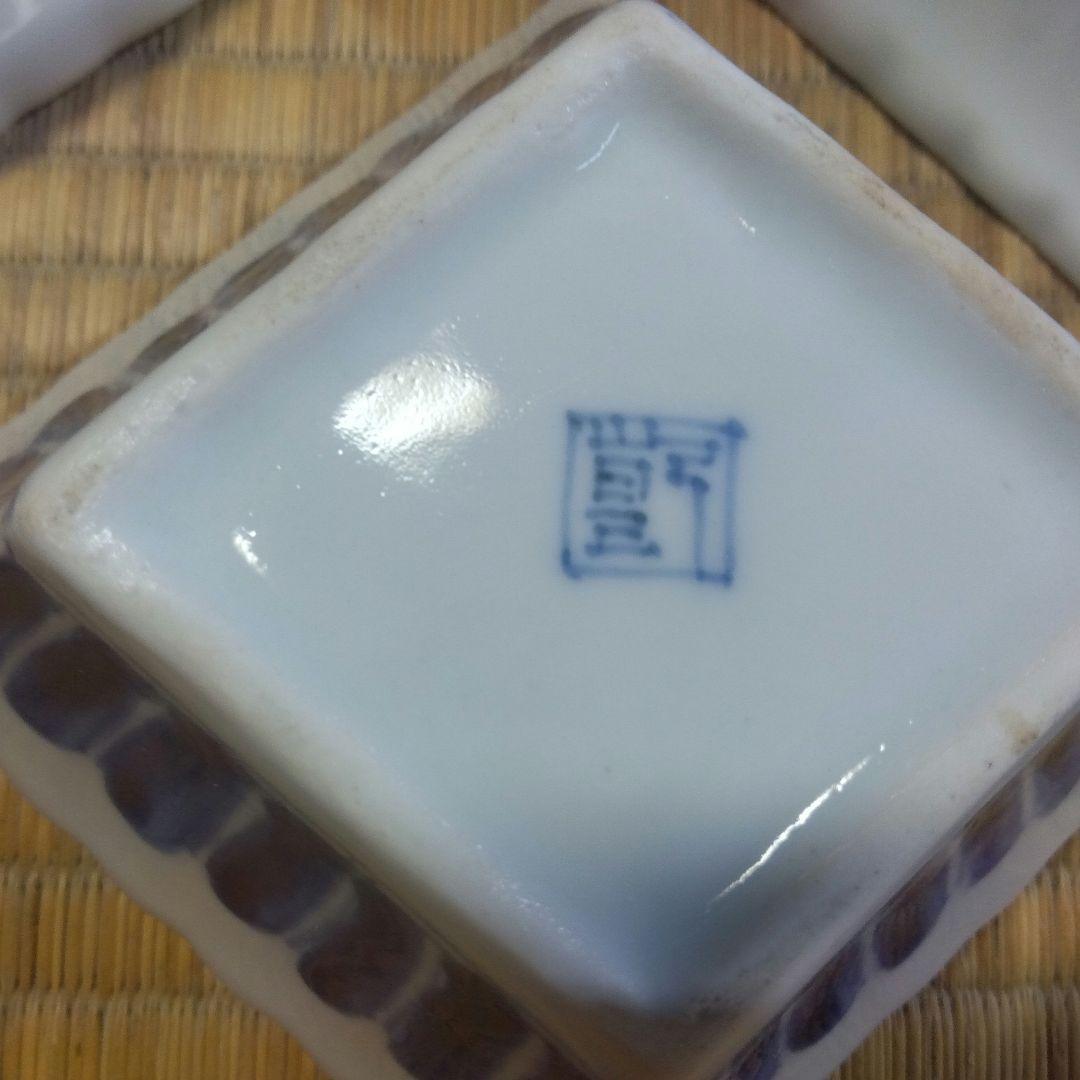 古伊万里　染付輪花菱形向付５客　お店使い　会席　美品　箱入