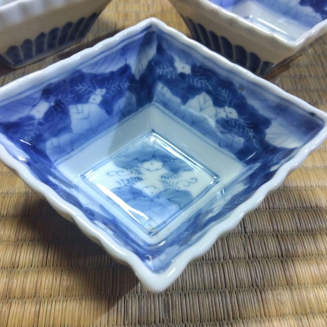 古伊万里　染付輪花菱形向付５客　お店使い　会席　美品　箱入