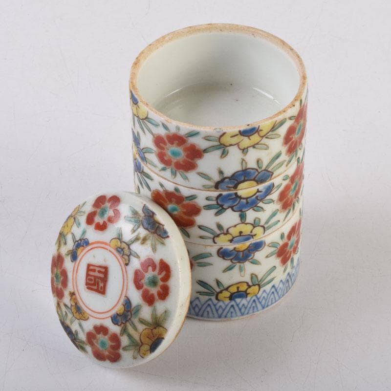 中国　粉彩　花草文　三段重箱　蓋物　V　8785