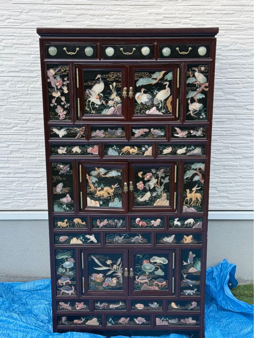 木製箪笥 時代 韓国伝統工芸 黒漆塗 螺鈿 宝石 箪笥 アンティーク　棚