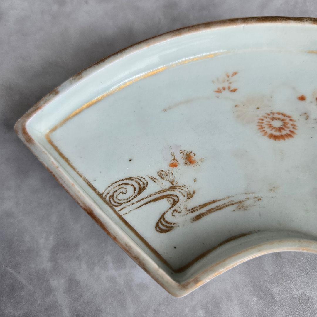 古伊万里　金彩　赤絵　扇面型皿　菊花流水　江戸中期　変形皿　骨董　アンティーク