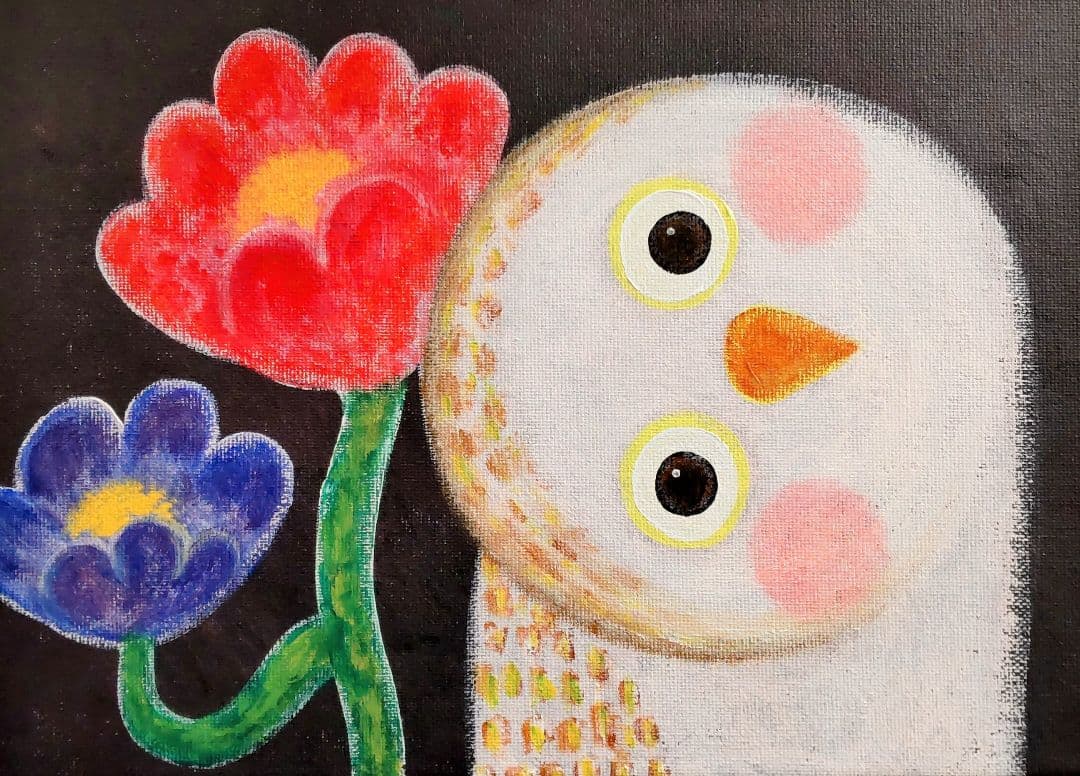 絵画 原画『かもね』キャンバス(F4号) 真作 一点物 ふくろう 花 幸せ