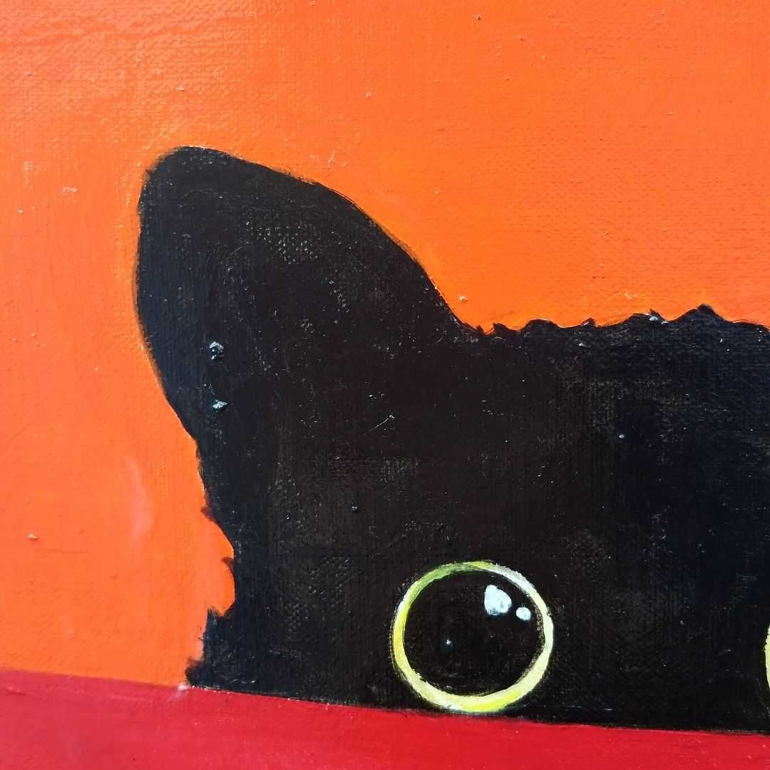 キャンバス油絵　よっこ 　何かを見ている猫