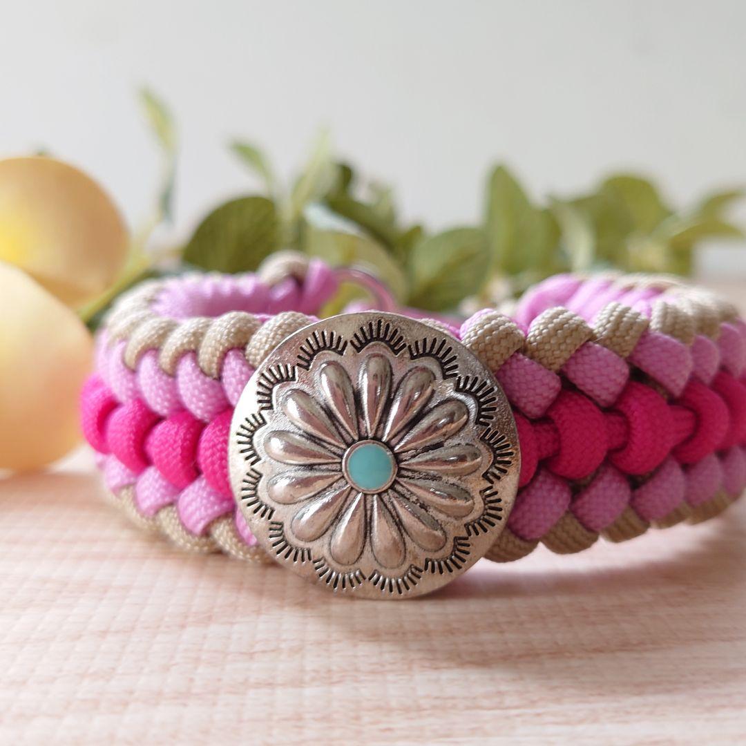 パラコード首輪　太めハーフチョーク　ピンク　コンチョ付き　№100