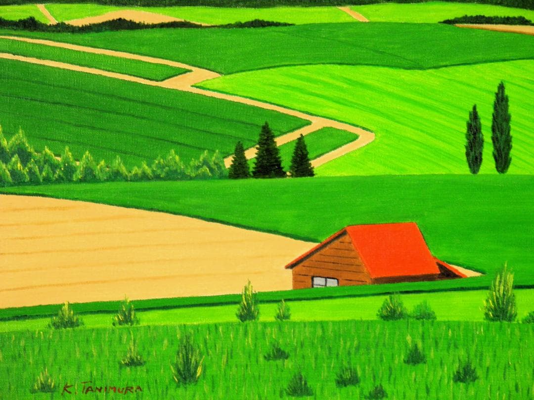 ★美瑛・新緑の丘・肉筆油彩画・F6キャンバス