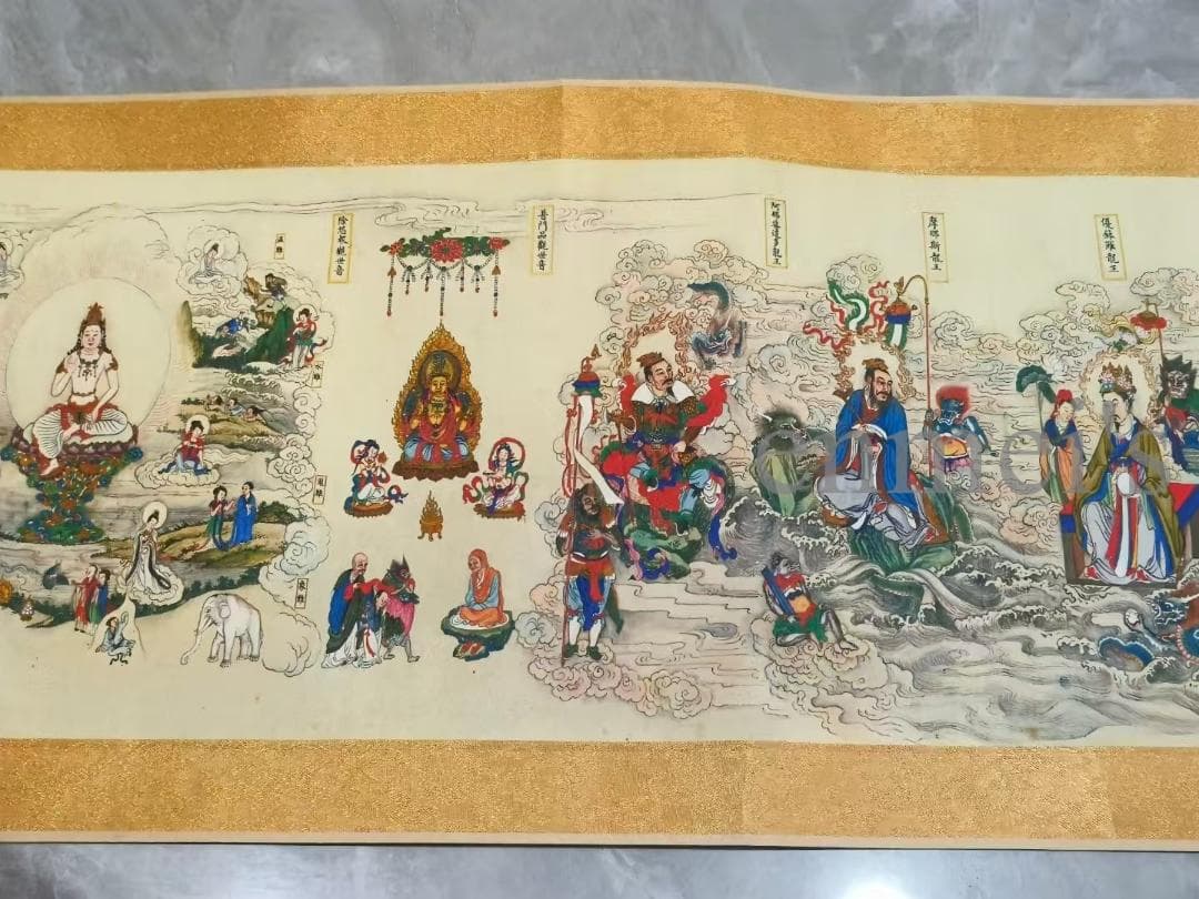 中国古美術 丁観鵬作款 法界源流図 十米 水墨画 手絵絹本 古美味 唐物 肉筆