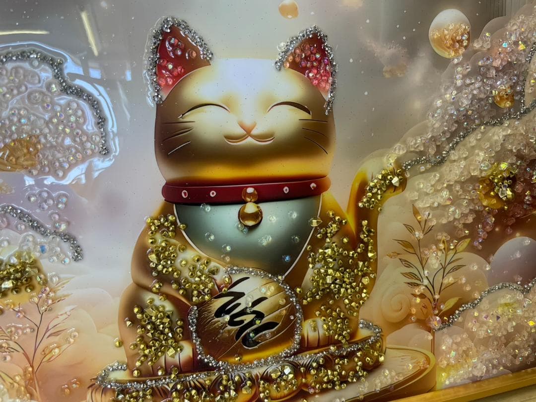 水晶絵　アートパネル　招き猫　金運　運気　運勢　縁起　クリスタル　絵画　アート