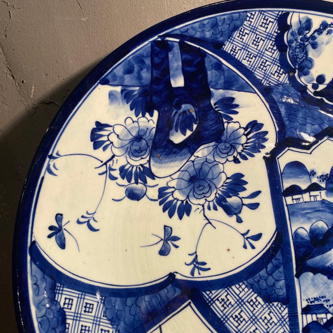 骨董品 古伊万里 40.5cm染付大皿 ベロ藍 山水画 花鳥文 江戸後期