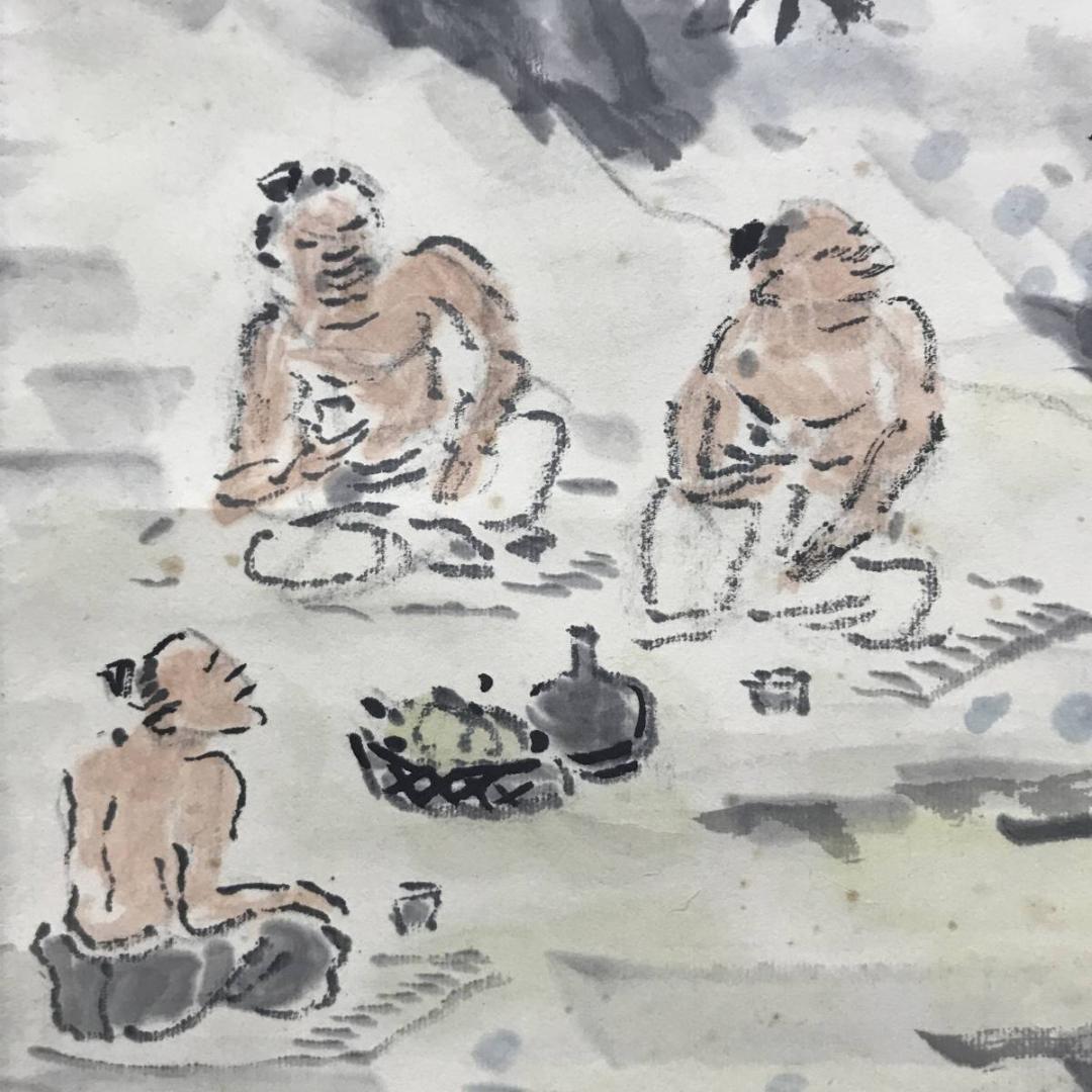 【真作】福田浩湖/柳蔭語喜図/山水図/山水人物図/掛軸/名家伝来/AB-848