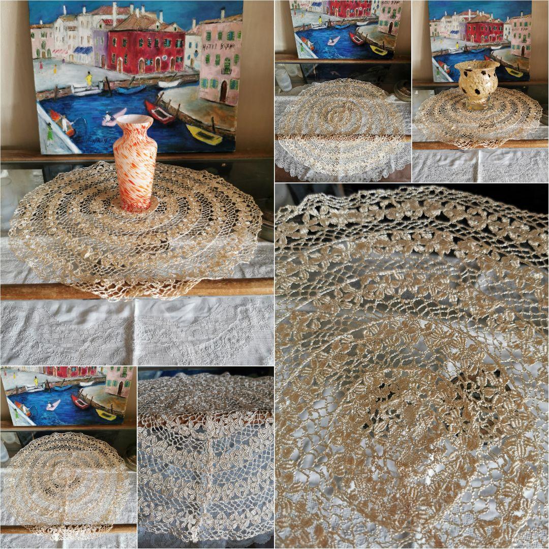 アンティークイタリア マルチーズレース 黄金色の絹糸ボビン編 大判41㎝ドイリー