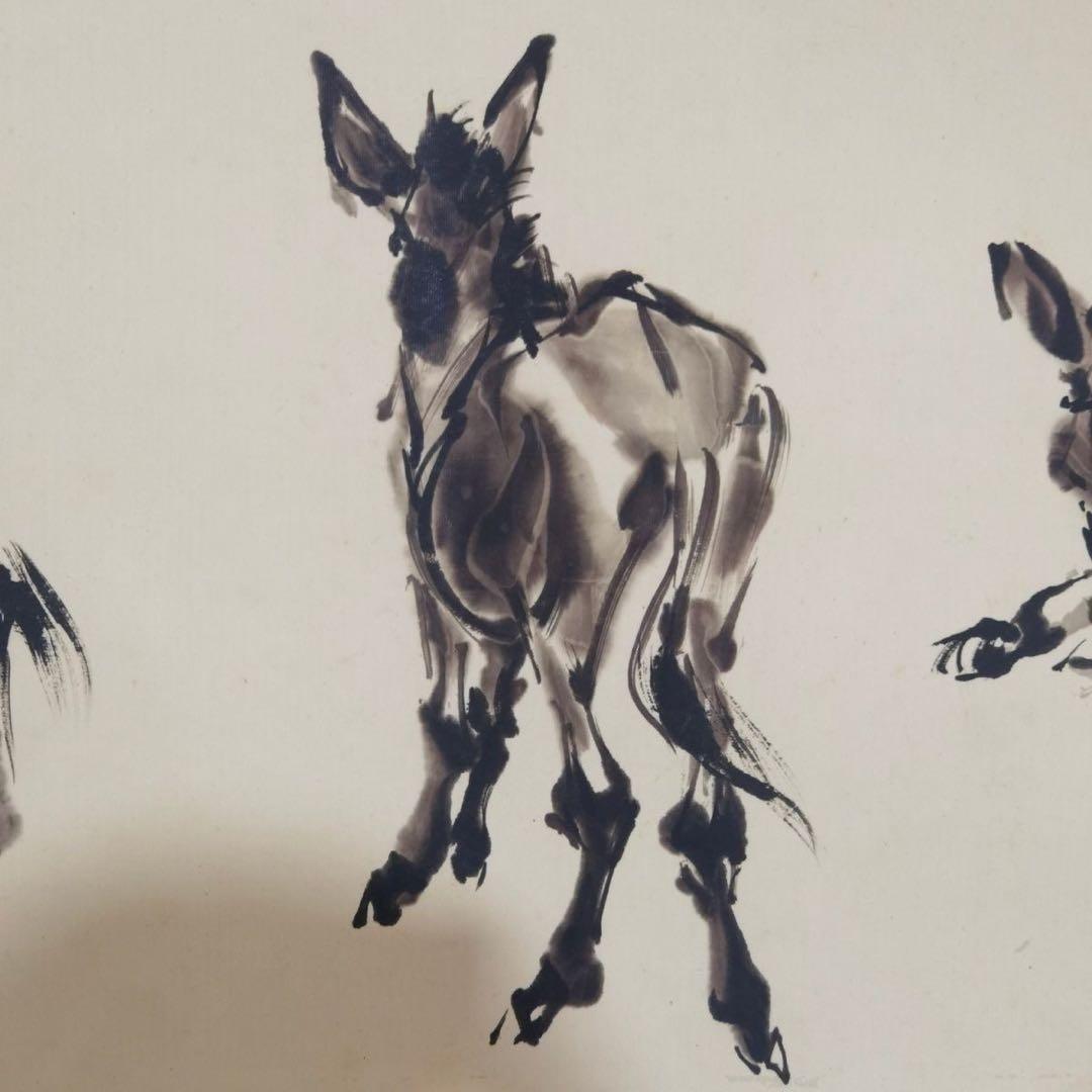 中国画 黄胄「群驴図」手巻き 掛軸 竜文表装 約338×30cm