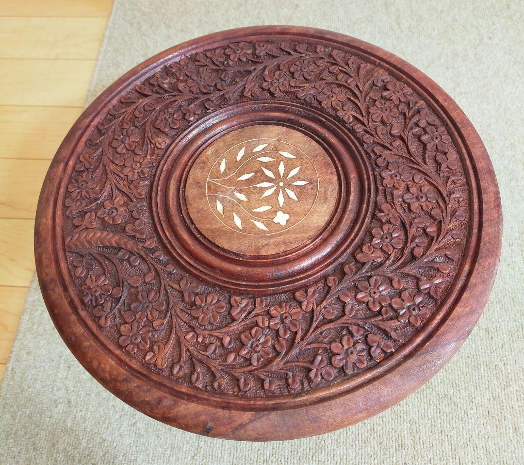 セール✨天然木　精細彫刻　折り畳みサイドテーブル　花台飾り台　台座　未使用保管品