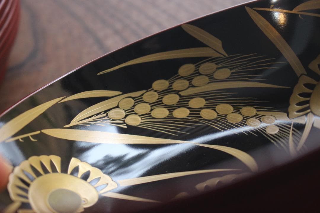 デッドストック！深みある糸目紅溜塗に極上稲穂福来雀蒔絵のお椀2点（検輪島塗雑煮椀