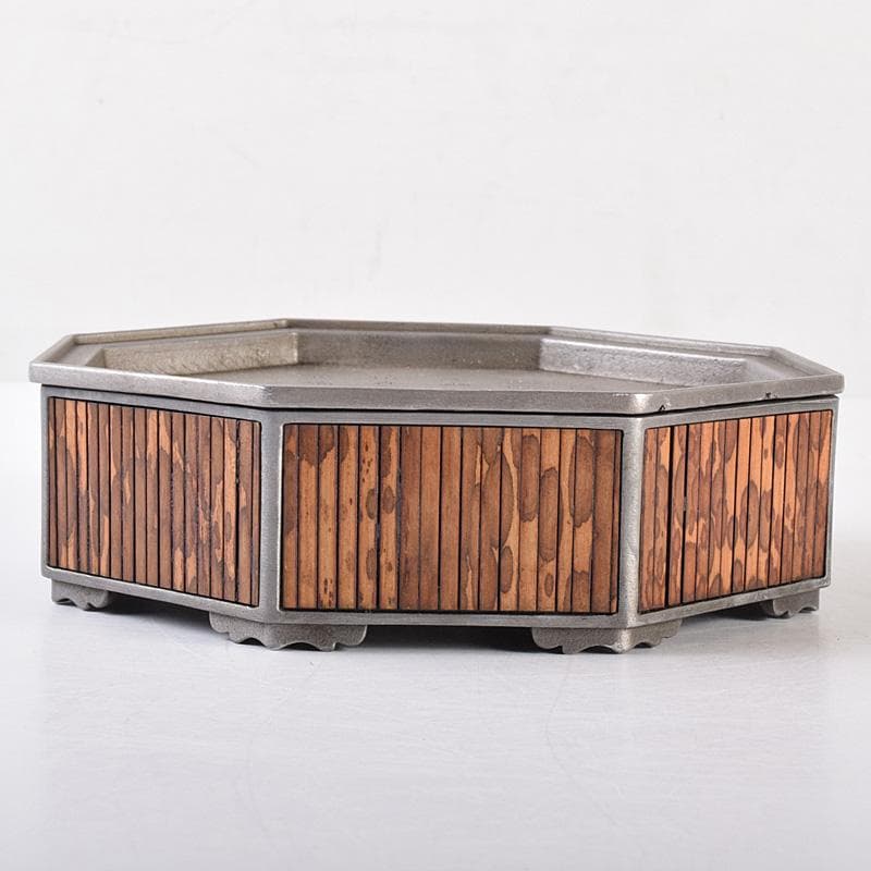 中国　古銅　漢詩花刻　斑竹細工　八角香炉　在銘　U　R7587