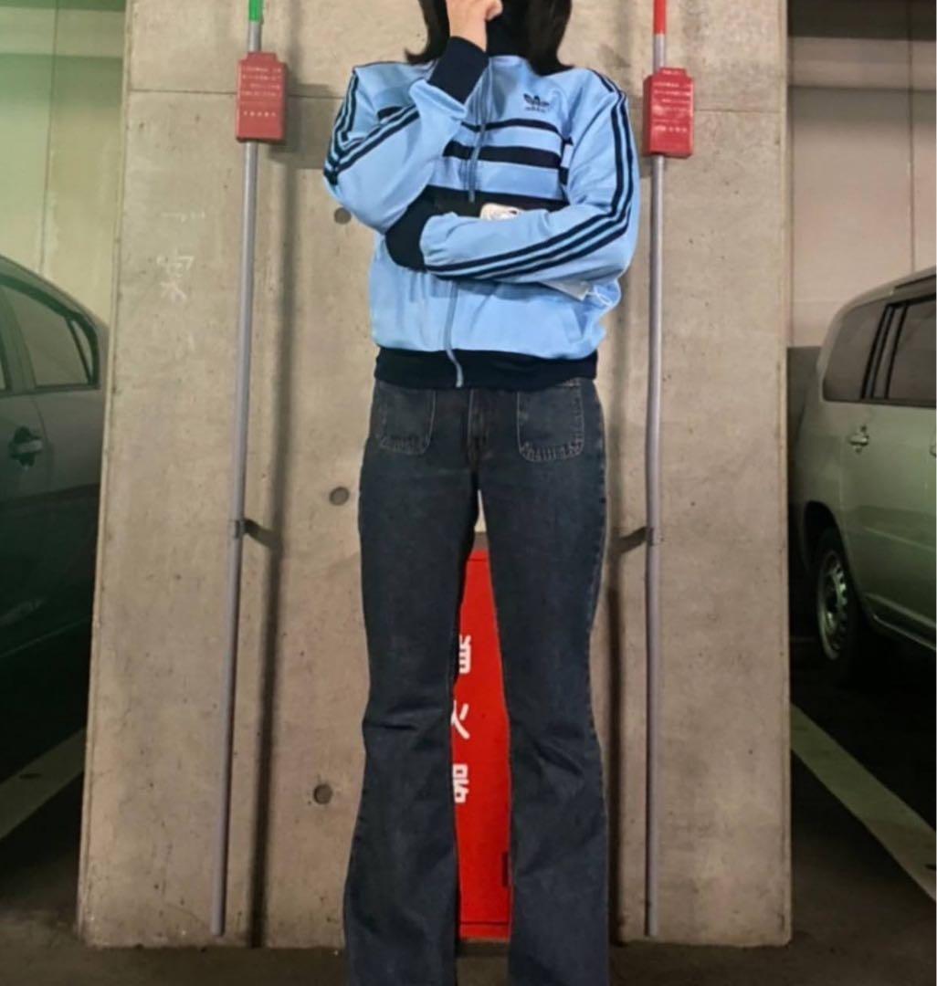 adidas 水色 ストライプ ジャージジャケット ハイネック