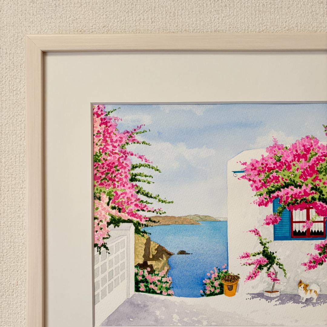 透明水彩画　原画　「エーゲ海とブーゲンビリア01」額縁付き　F4サイズ　風景画