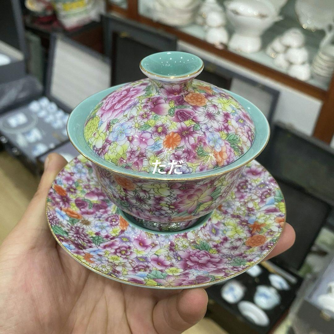 中国茶器 琺瑯万花三才蓋碗 陶磁茶碗 煎茶器 新品未使用