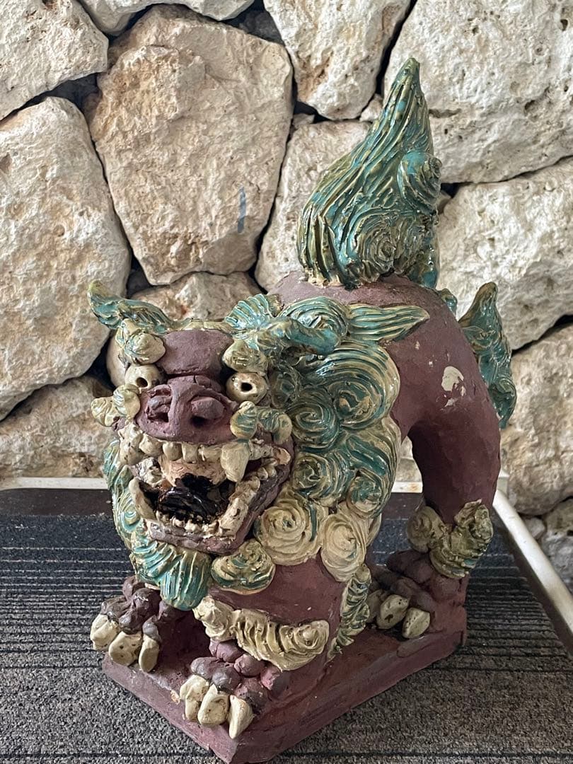 島常賀　台付シーサー　名工　壺屋焼　美品