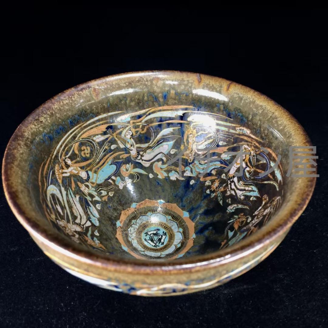 中国古美術 宋建窯 飛天図紋建盞 飛天意匠 宋代古陶磁 茶碗 茶道具 骨董工芸