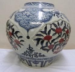 見栄え！！【中国陶磁器　大壷　鑑賞　美術品　辰砂染付花実文　高盛細工】◆古董