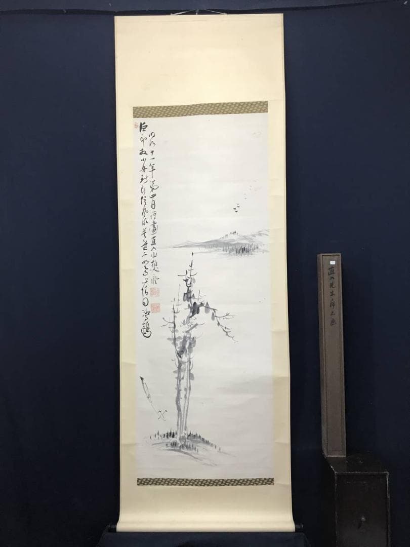 【真作】田能村直入/湖舟画賛席上画/山水図/掛軸/名家伝来/AC-451