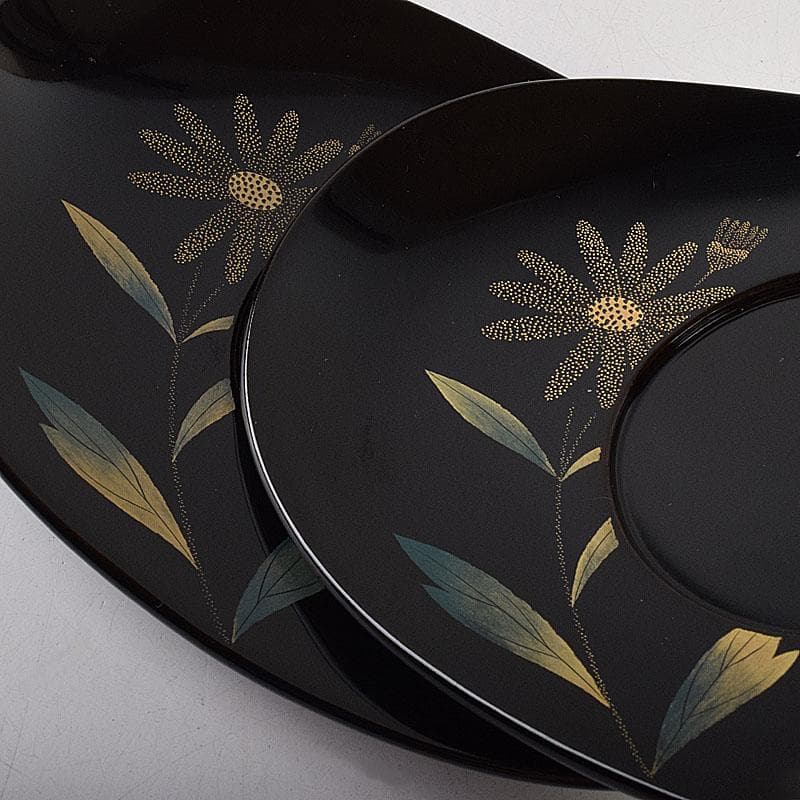 輪島塗　文化功労者　三谷吾一作　草花沈金　茶托　五客　共箱　M　R9503