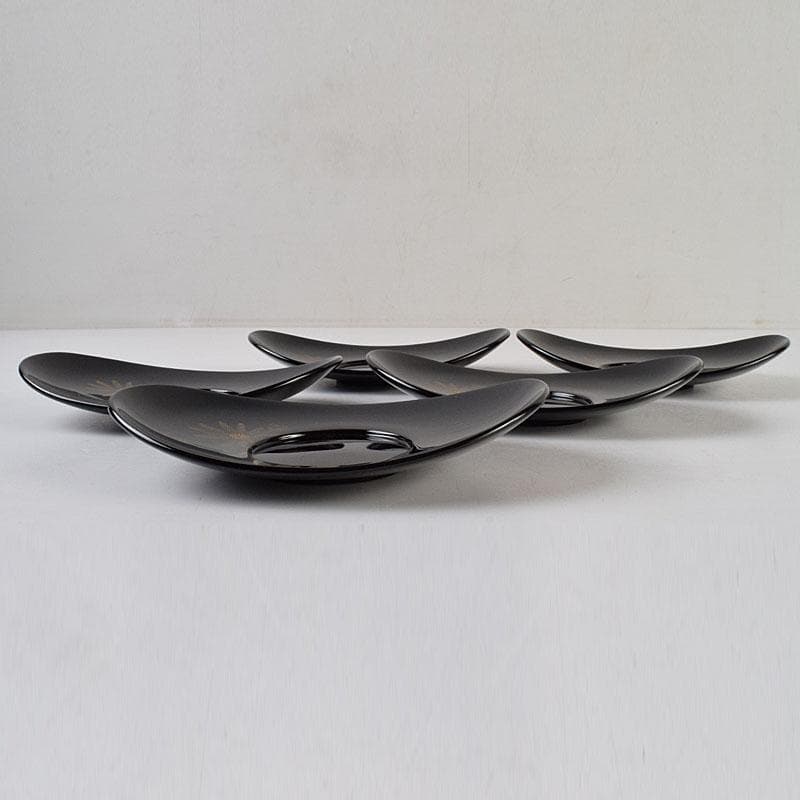 輪島塗　文化功労者　三谷吾一作　草花沈金　茶托　五客　共箱　M　R9503