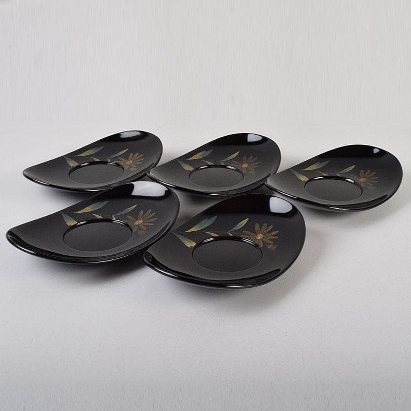 輪島塗　文化功労者　三谷吾一作　草花沈金　茶托　五客　共箱　M　R9503