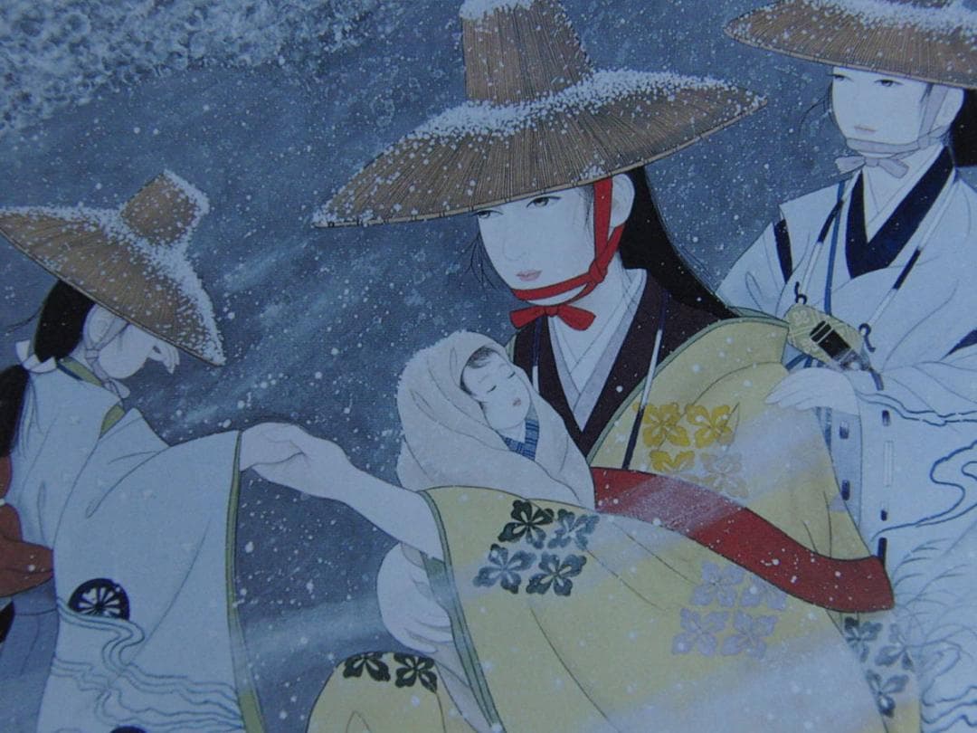 内田青虹、【雪行中（あと少し頑張って…常盤母子）】、希少な額装用画集より