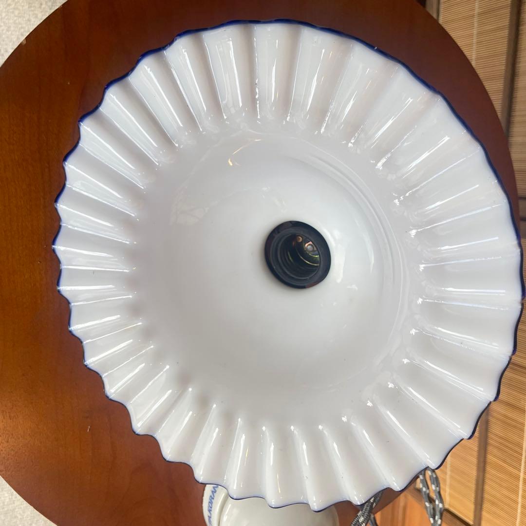 【美品】青色フリルガラスランプシェード　電傘　昭和レトロ　ホワイト