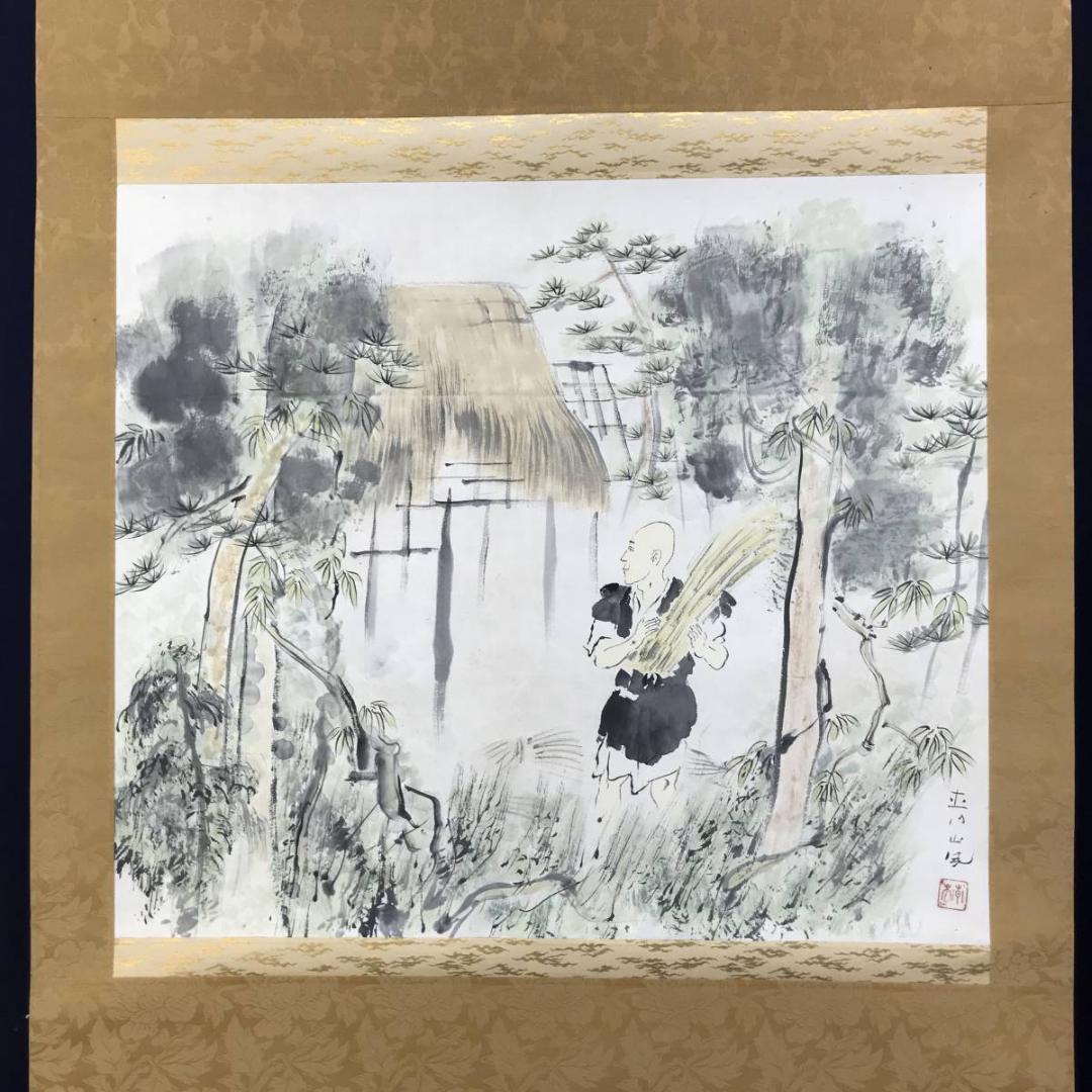 真作/福岡青嵐/田家人物図/山水図/横物/掛軸/名家伝来AE-392