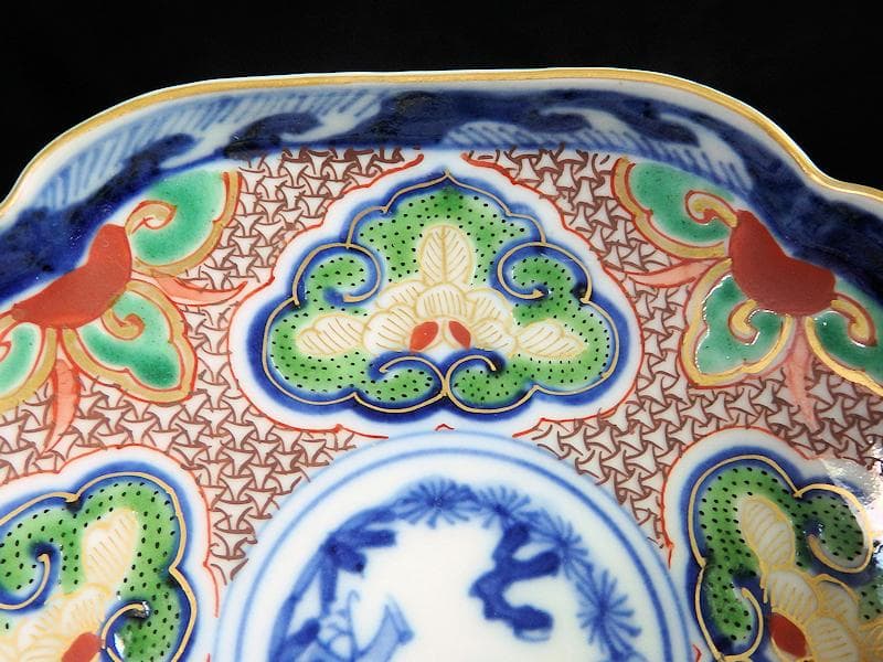 大聖寺伊万里　金襴手　毘沙門亀甲紋に松竹梅　四方角皿３枚　C775AS-fbbj