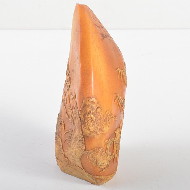 中国　玉石彫刻　山水鹿刻　置物　C　R5817