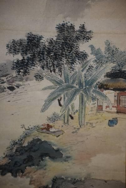 真作/香逸/月下早涼山水図/桐題箱付/布袋屋掛軸HC-694