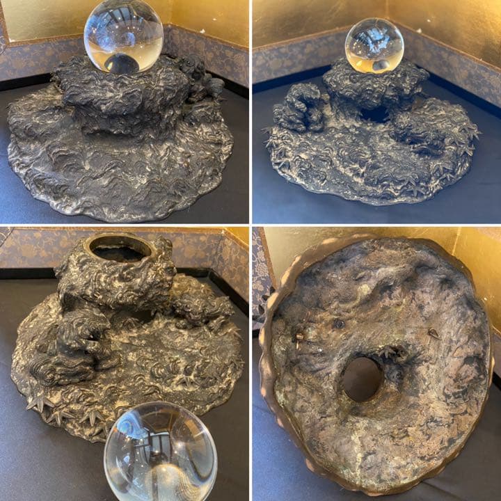 ■送料無料■ 銅器　獅子　古美術　骨董賓　岩上の獅子　水晶？