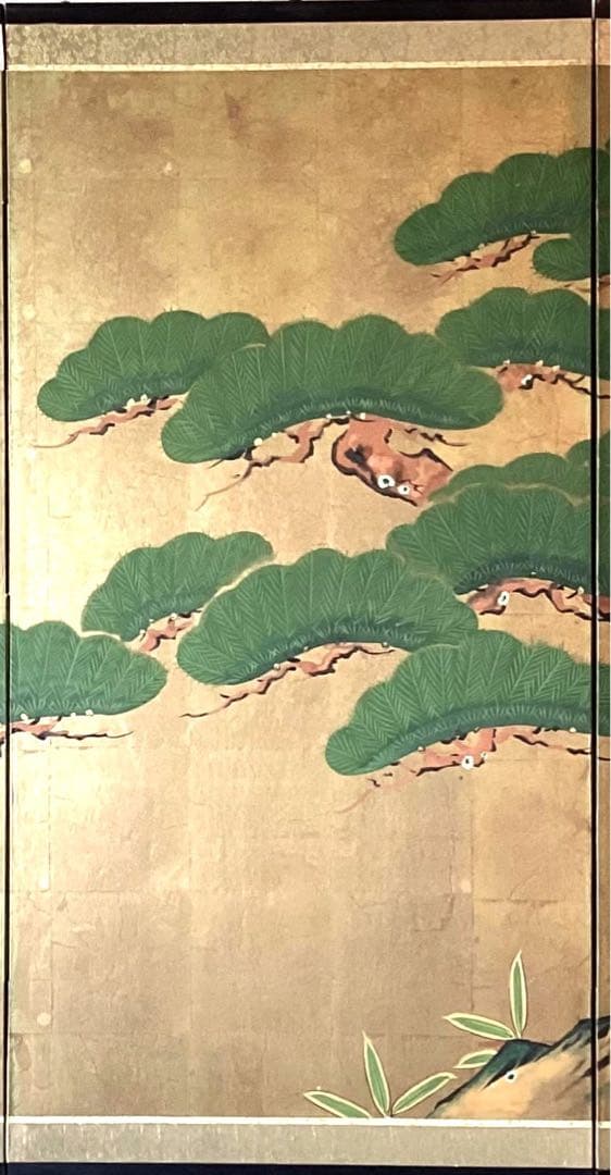 四つ折り屏風　日本画　金箔彩色　能松(舞台松)