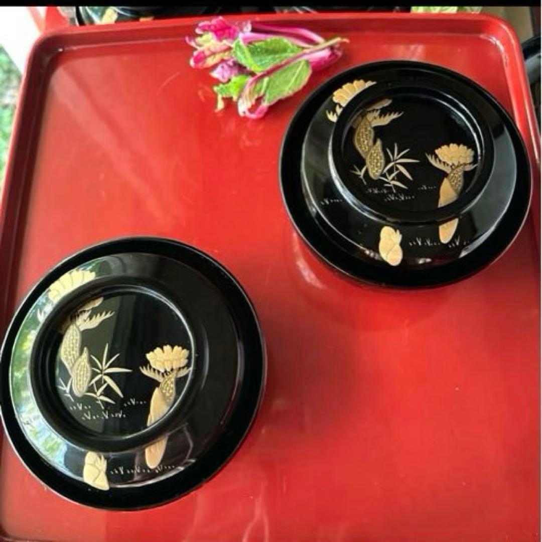 感謝お嫁入り‼️明治39JAPAN蒔絵　福寿草&梅と松葉真塗り上黒椀　吸物椀5客