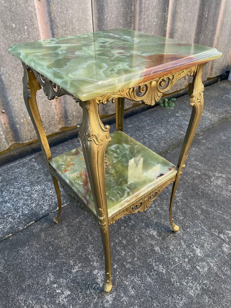 イタリア製/飾り棚/花台/大理石/グリーンオニキス/ロココ調/猫脚/2段