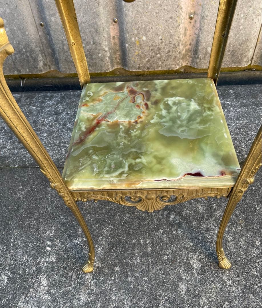 イタリア製/飾り棚/花台/大理石/グリーンオニキス/ロココ調/猫脚/2段