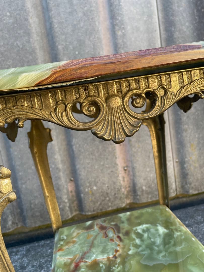 イタリア製/飾り棚/花台/大理石/グリーンオニキス/ロココ調/猫脚/2段