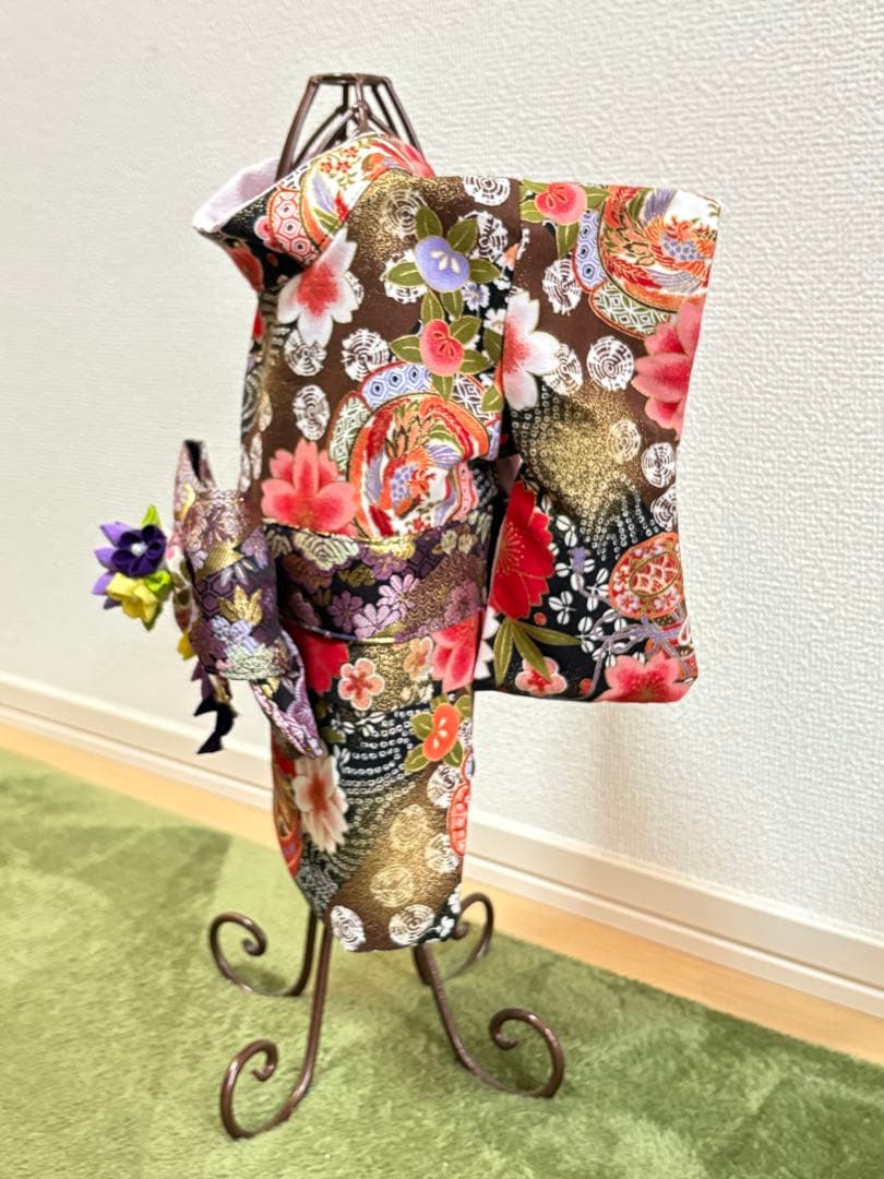 ★新作★完成品☆犬服☆つまみ細工帯飾り付き 犬用着物Sサイズ 女の子和柄ブラック