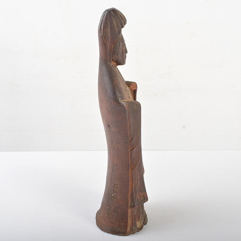 仏教美術　木彫　観音菩薩立像　仏像　在銘　高さ約31cm　時代箱付　MR7171