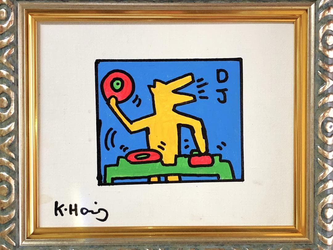【 キース・へリング『ＤＪ』】　肉筆油彩　キャンバスF3　額装