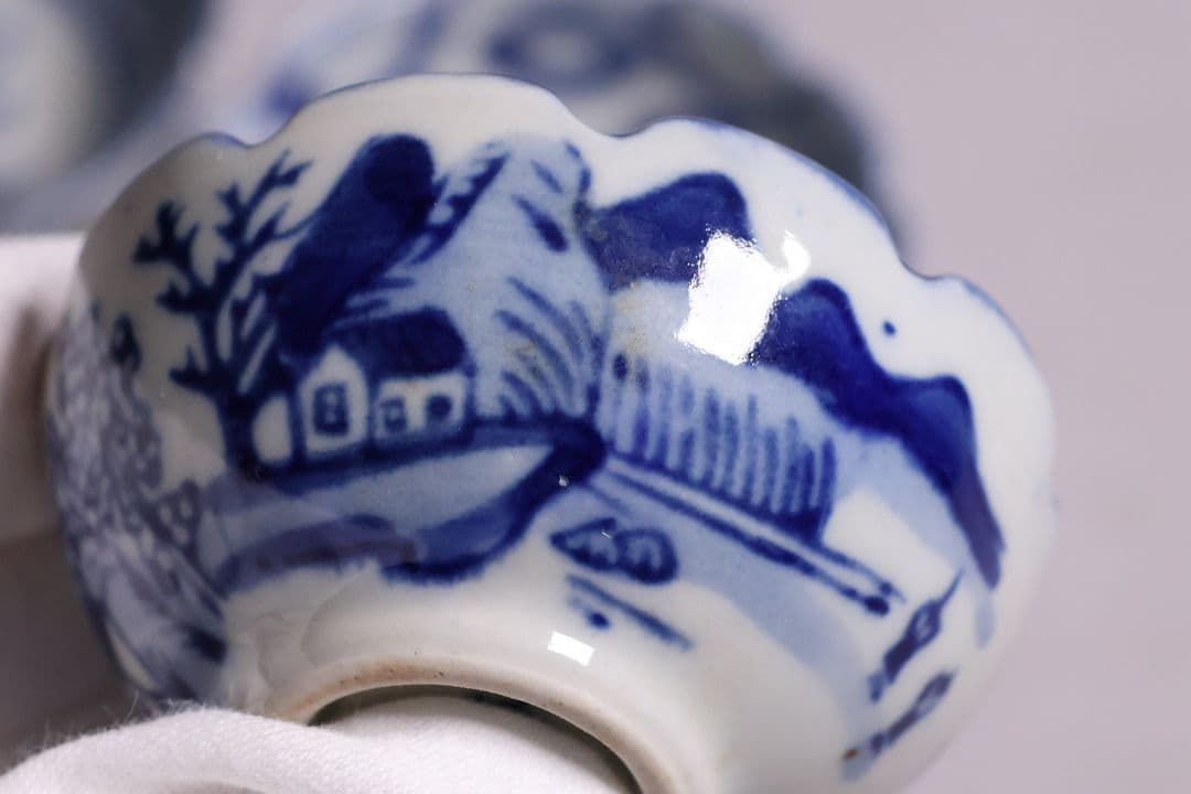 中国 若深珍蔵 染付 煎茶椀 五客 山水 鳥図 茶器 陶磁器【MA580】