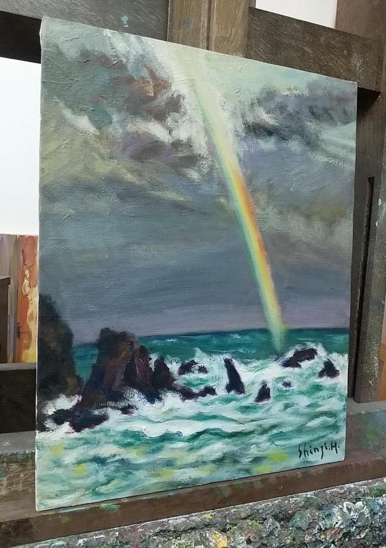 「虹立つ」能登木ノ浦海岸 F6 絵画 油絵