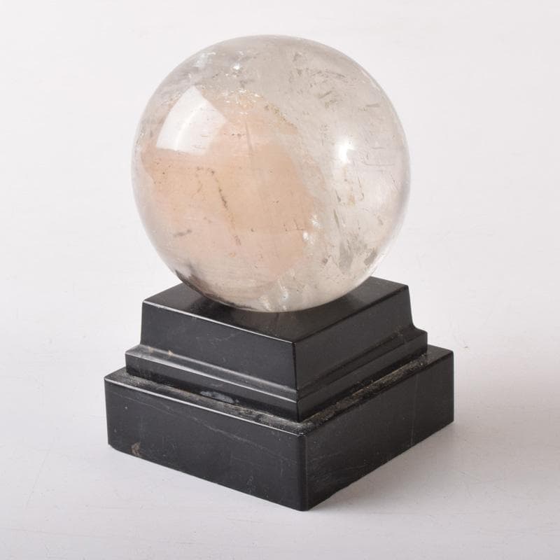 天然石　寒水石　飾玉　直径約7cm　置物　大理石台・時代箱付　C　7459