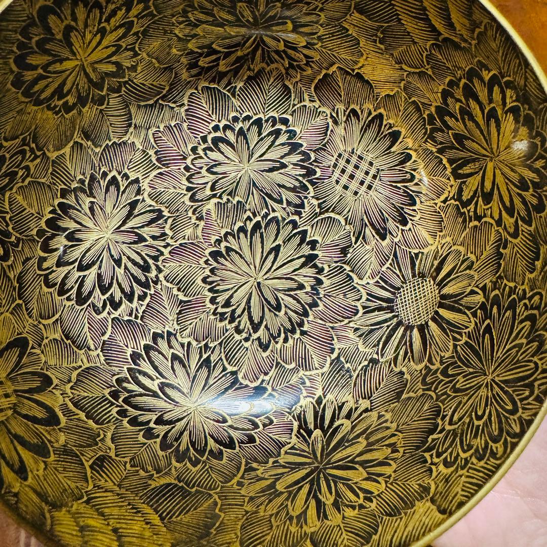 骨董品　沈金　黒漆塗り椀　蝶菊文様1客　正月　吸物椀二客セット